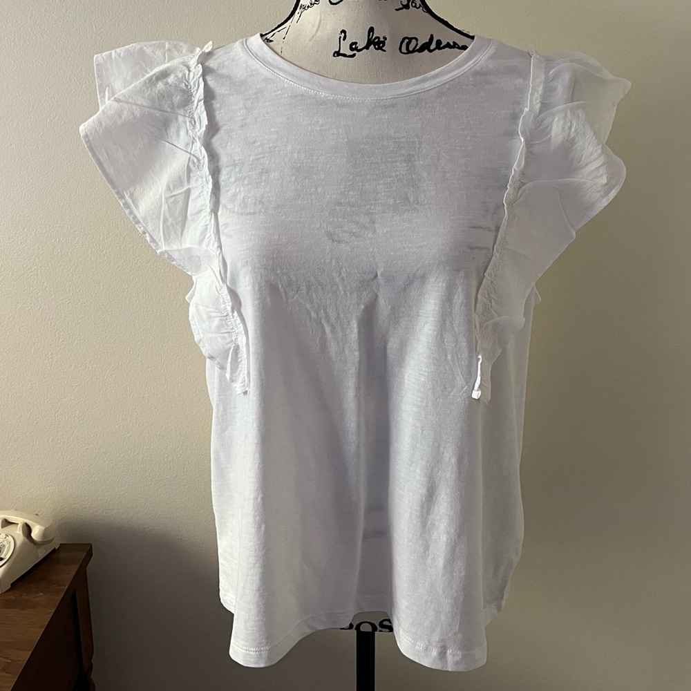 NWT J Crew White Tee with Ruffle Detail Size L